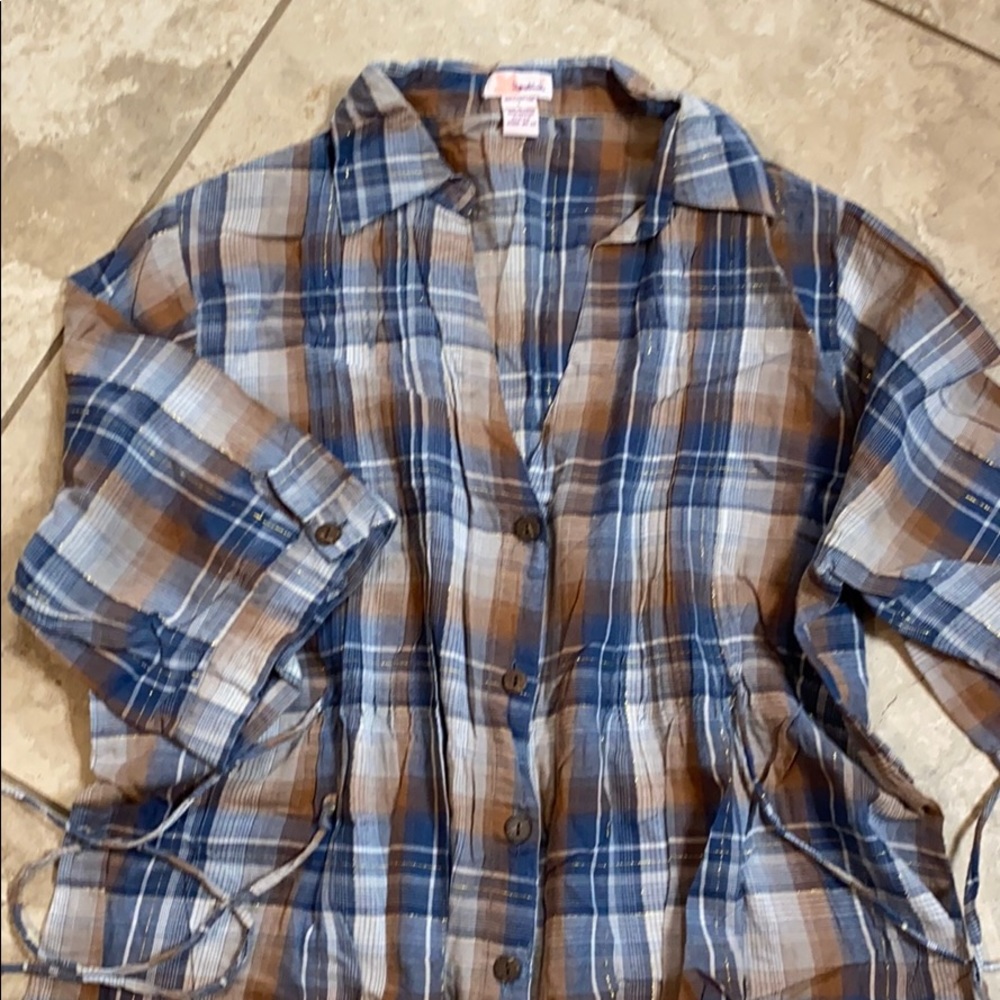 LAST CHANCE Plaid button up tunic w/ metallic thread